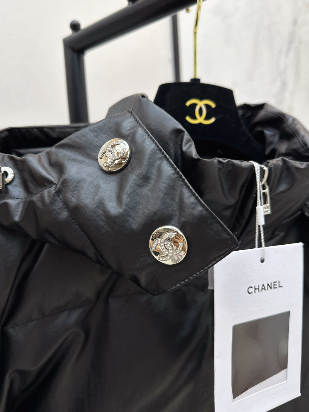 Chan New Patent leather hooded down jacket