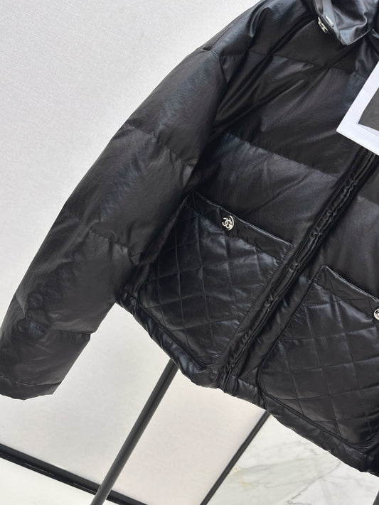 Chan New Patent leather hooded down jacket