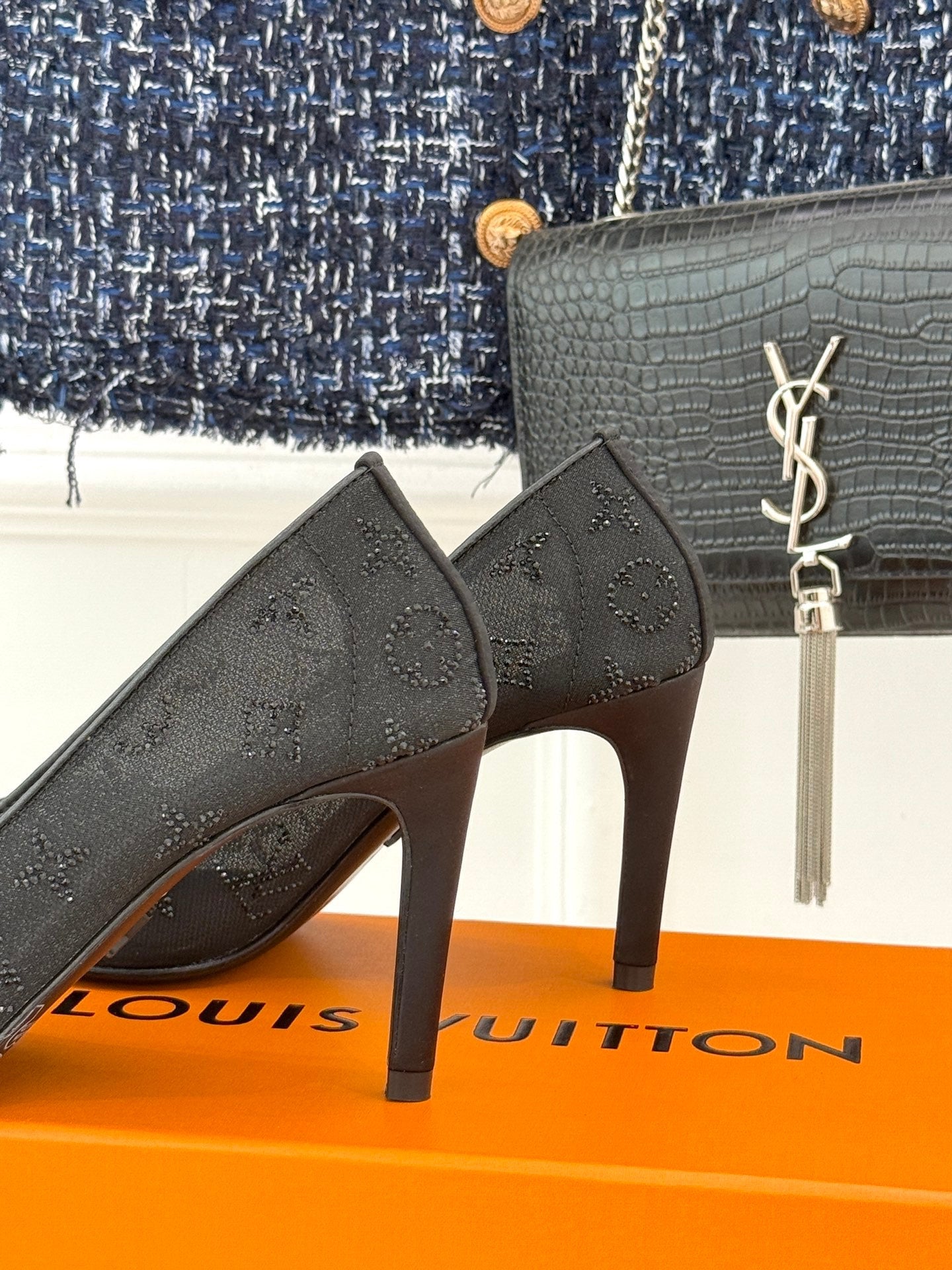 Louis New Rhinestone mesh pointed high heels