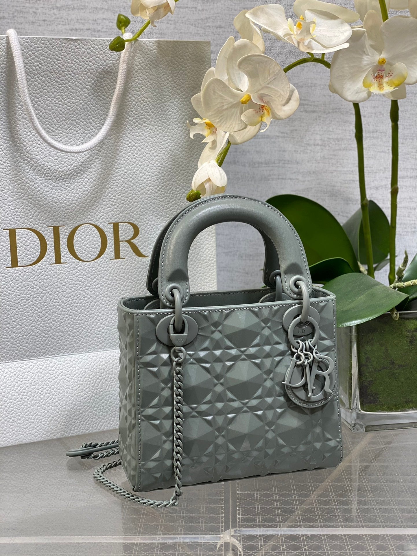 DO Mini Lady Bag  Stone Gray Diamond Pattern Calfskin