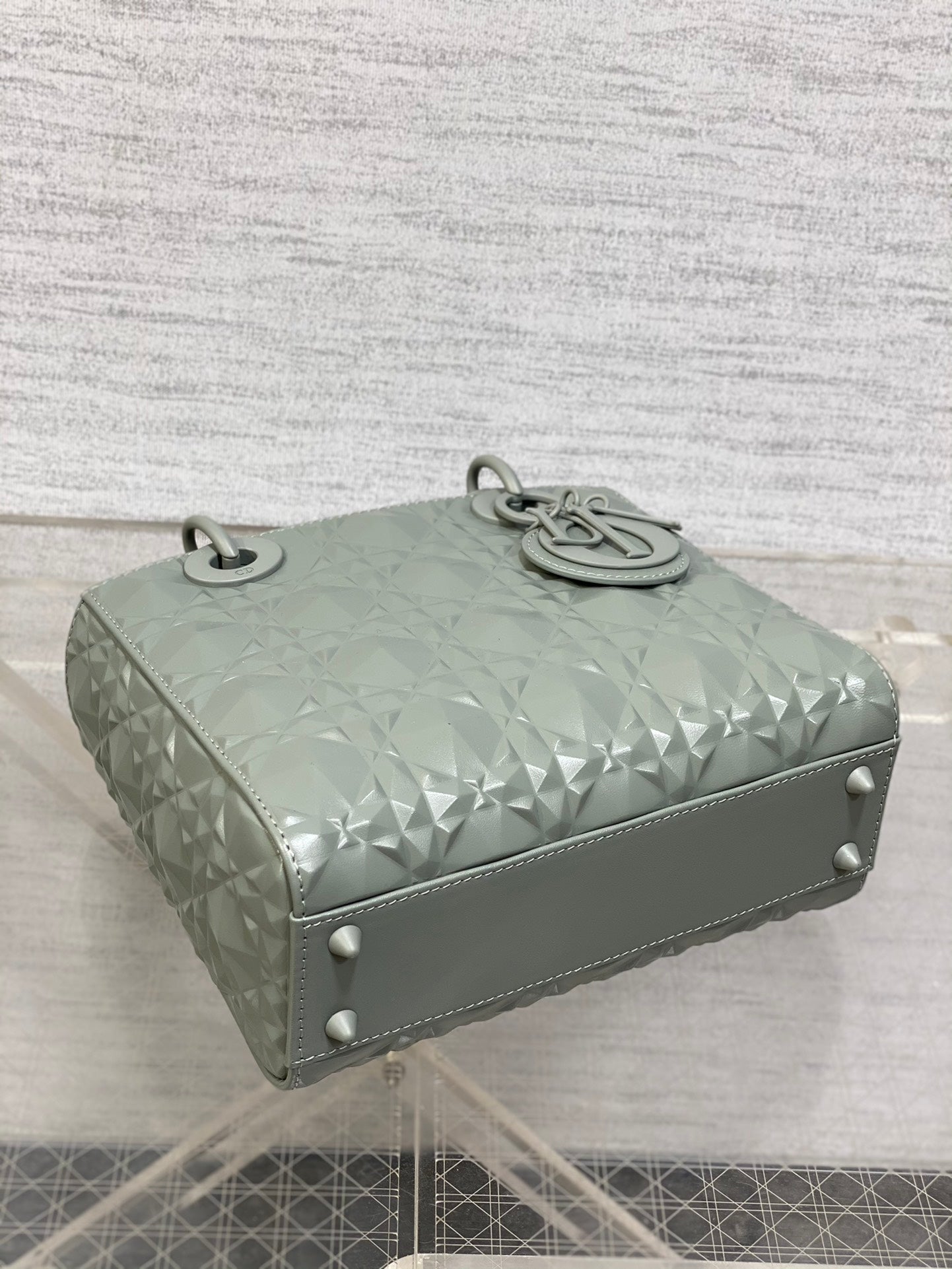 DO Mini Lady Bag  Stone Gray Diamond Pattern Calfskin