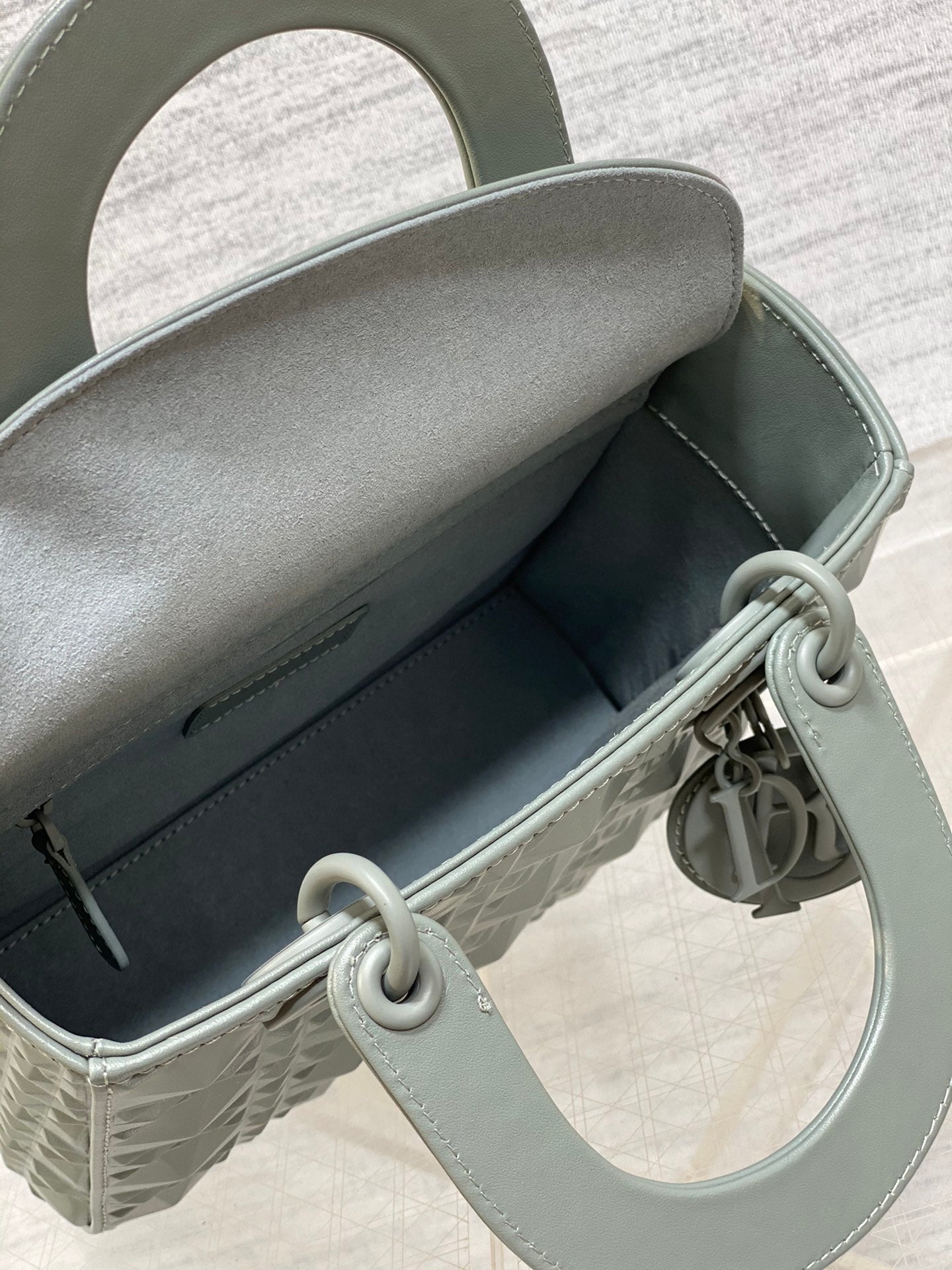 DO Mini Lady Bag  Stone Gray Diamond Pattern Calfskin
