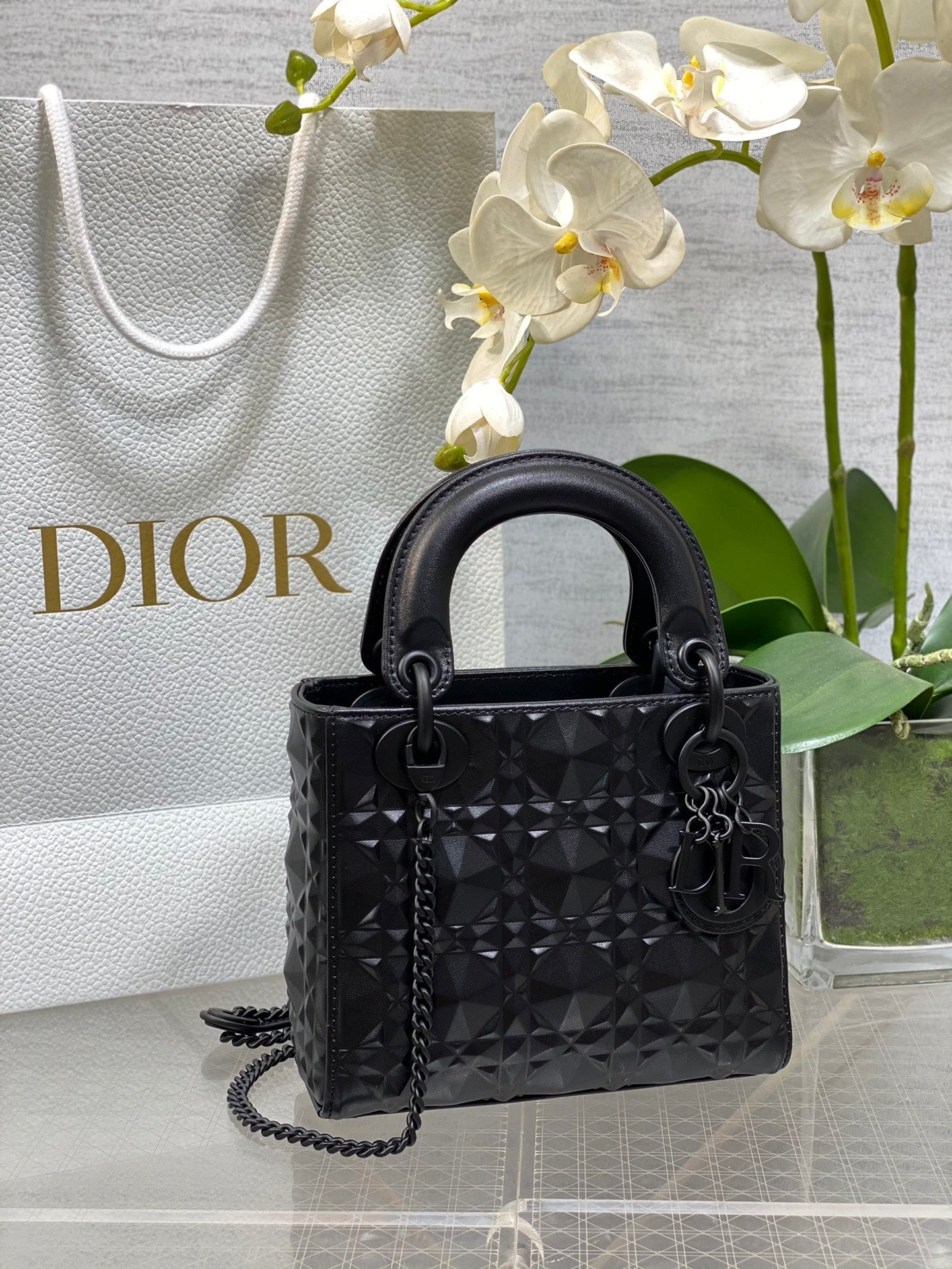 DO  Mini Lady Bag  Matte Black Diamond Pattern Calfskin