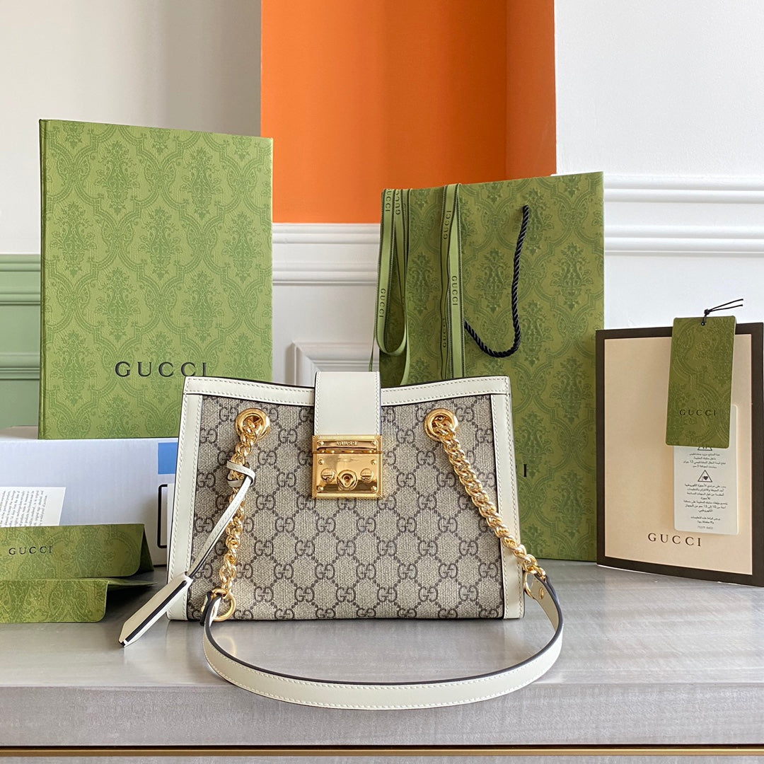 GC Padlock small shoulder bag Beige/ebony GG Supreme canvas, with brown leather detail