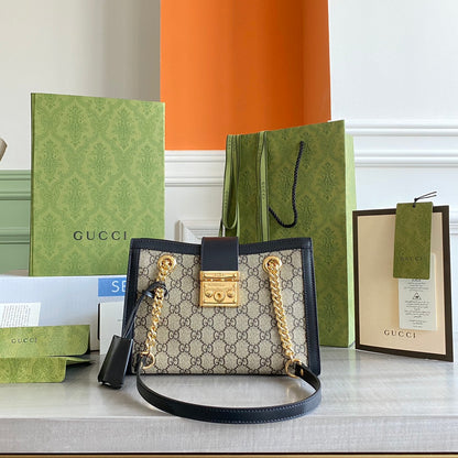 GC Padlock small shoulder bag Beige/ebony GG Supreme canvas, with brown leather detail