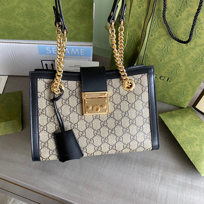 GC Padlock small shoulder bag Beige/ebony GG Supreme canvas, with brown leather detail