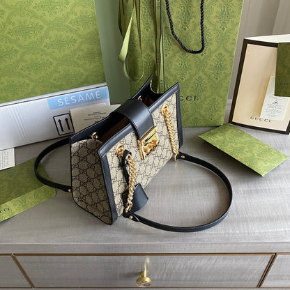 GC Padlock small shoulder bag Beige/ebony GG Supreme canvas, with brown leather detail