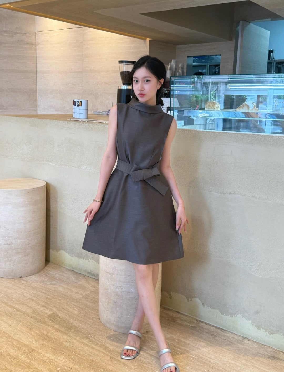 CD New Stand collar belt dress