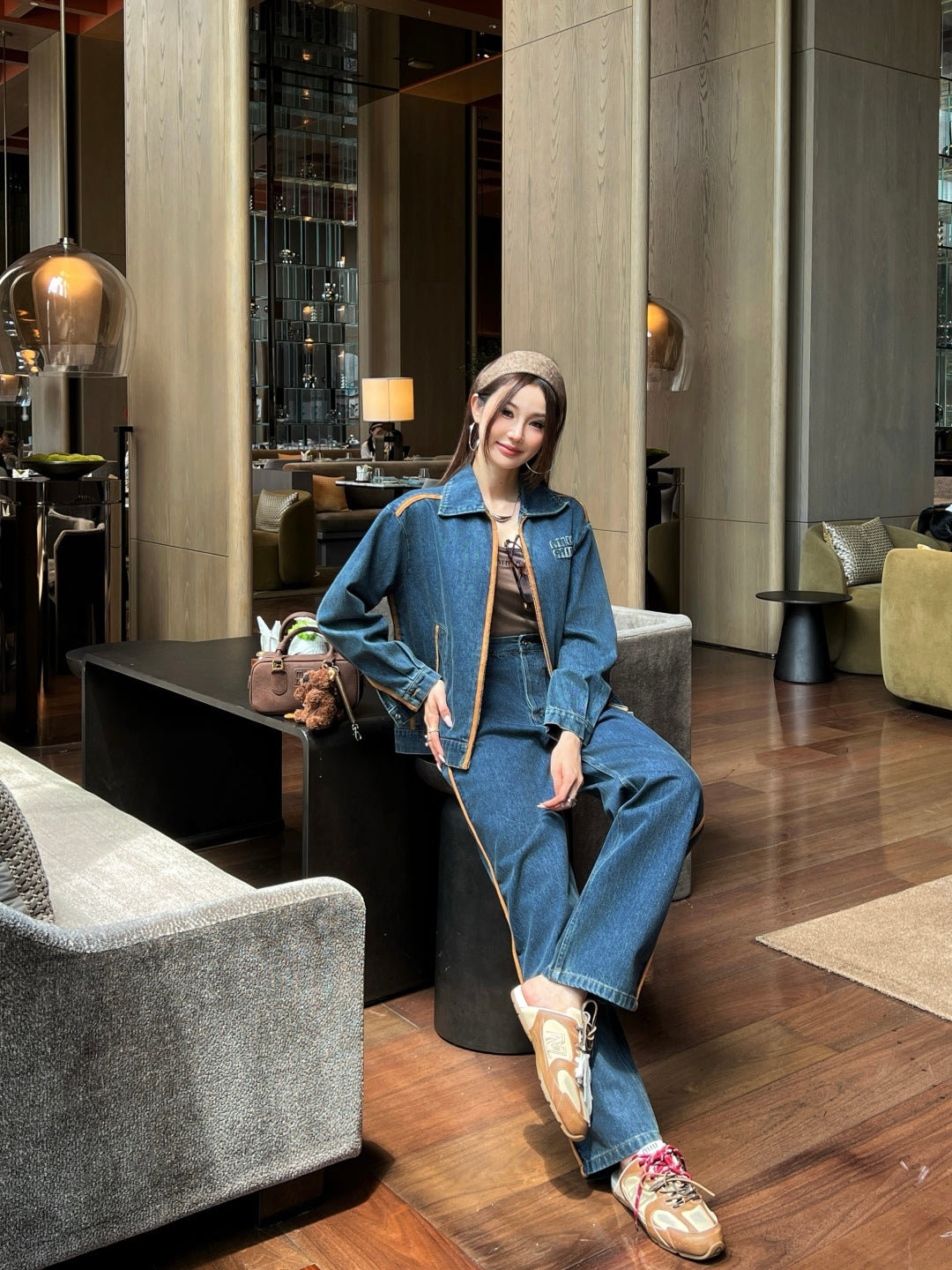 Miu New Leather patchwork denim jacket