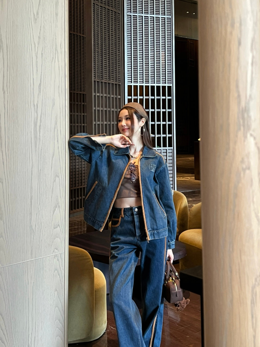 Miu New Leather patchwork denim jacket