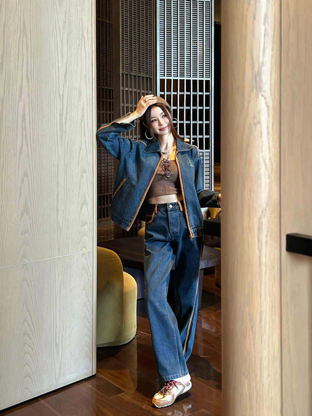 Miu New Leather patchwork denim jacket