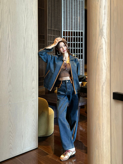 Miu New Leather patchwork denim jacket