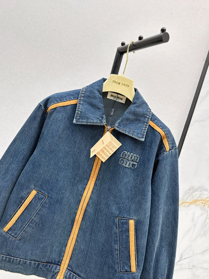 Miu New Leather patchwork denim jacket