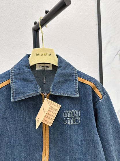 Miu New Leather patchwork denim jacket