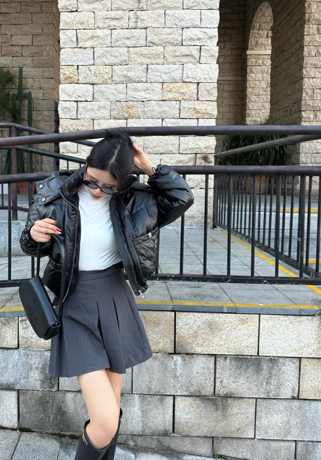 Chan New Patent leather hooded down jacket