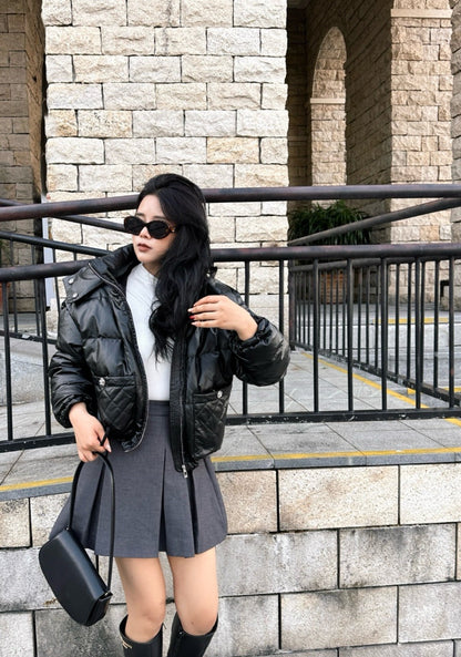 Chan New Patent leather hooded down jacket