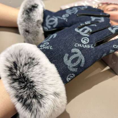 Chan New woolen denim and sheepskin gloves