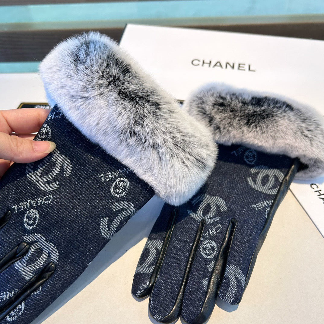 Chan New woolen denim and sheepskin gloves