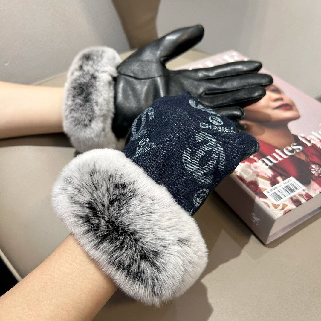 Chan New woolen denim and sheepskin gloves