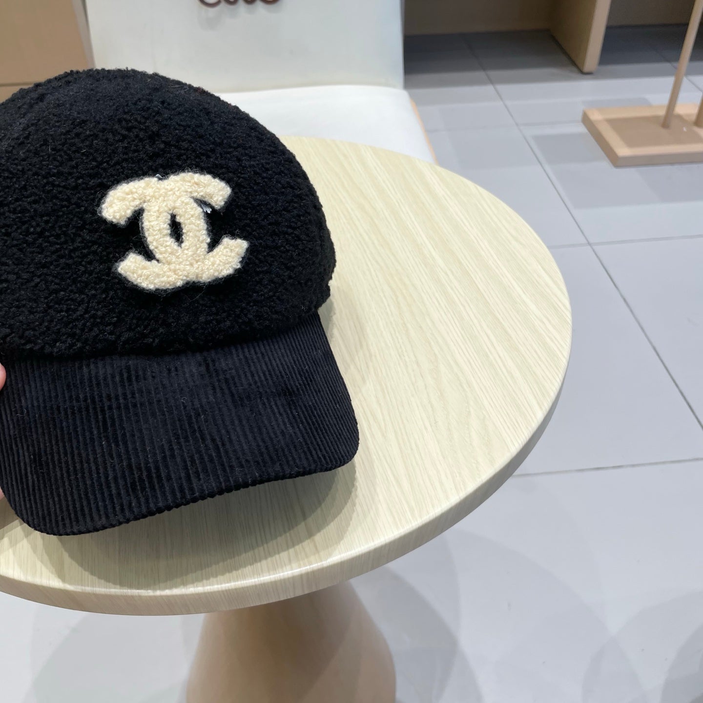 Chan Lamb wool and corduroy brim baseball cap